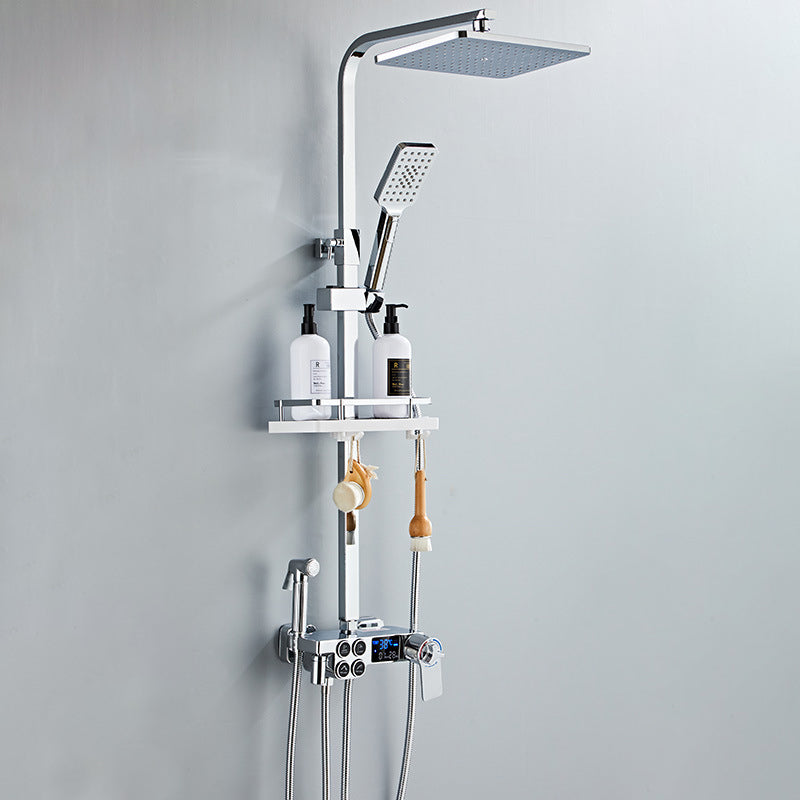 Modern Volume Control Shower Dual Shower Head Square Shower Faucet with Massage Jets Chrome Square Rectangle Thermostatic Clearhalo 'Bathroom Remodel & Bathroom Fixtures' 'Home Improvement' 'home_improvement' 'home_improvement_shower_faucets' 'Shower Faucets & Systems' 'shower_faucets' 'Showers & Bathtubs Plumbing' 'Showers & Bathtubs' 6226471