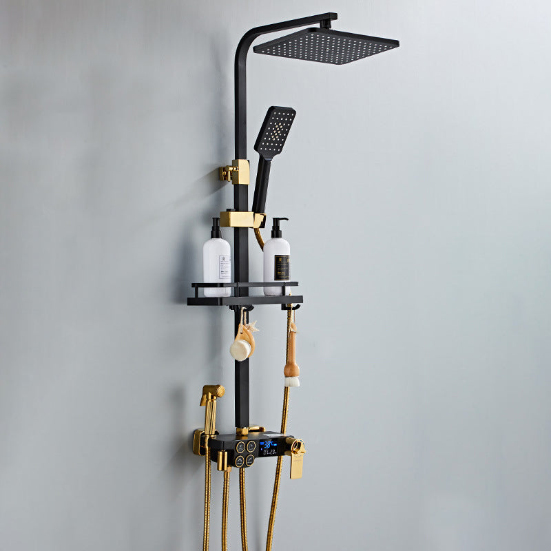 Modern Volume Control Shower Dual Shower Head Square Shower Faucet with Massage Jets Black-Gold Square Rectangle Thermostatic Clearhalo 'Bathroom Remodel & Bathroom Fixtures' 'Home Improvement' 'home_improvement' 'home_improvement_shower_faucets' 'Shower Faucets & Systems' 'shower_faucets' 'Showers & Bathtubs Plumbing' 'Showers & Bathtubs' 6226473