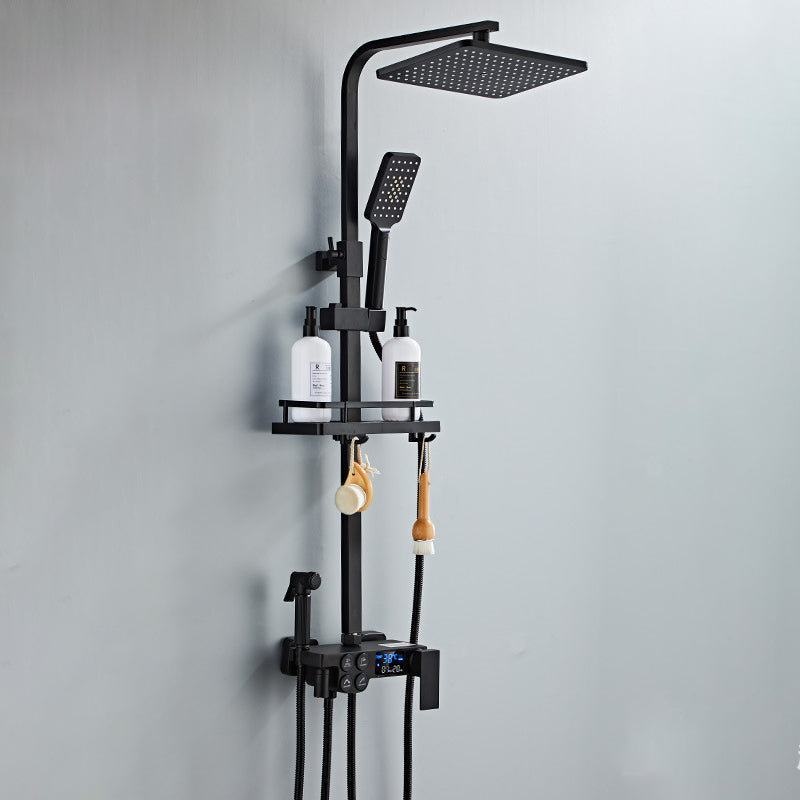 Modern Volume Control Shower Dual Shower Head Square Shower Faucet with Massage Jets Black Square Rectangle Temperature Control Clearhalo 'Bathroom Remodel & Bathroom Fixtures' 'Home Improvement' 'home_improvement' 'home_improvement_shower_faucets' 'Shower Faucets & Systems' 'shower_faucets' 'Showers & Bathtubs Plumbing' 'Showers & Bathtubs' 6226490