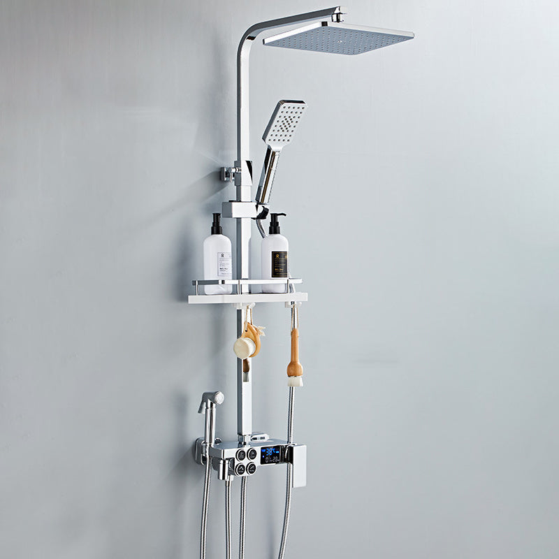 Modern Volume Control Shower Dual Shower Head Square Shower Faucet with Massage Jets Chrome Square Rectangle Temperature Control Clearhalo 'Bathroom Remodel & Bathroom Fixtures' 'Home Improvement' 'home_improvement' 'home_improvement_shower_faucets' 'Shower Faucets & Systems' 'shower_faucets' 'Showers & Bathtubs Plumbing' 'Showers & Bathtubs' 6226492