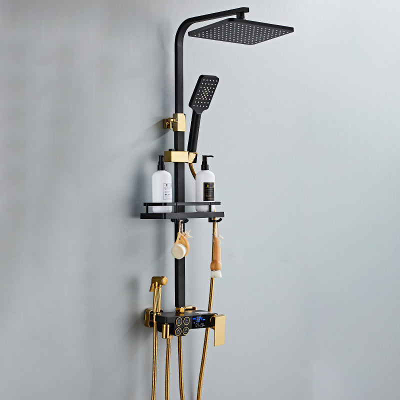 Modern Volume Control Shower Dual Shower Head Square Shower Faucet with Massage Jets Black-Gold Square Rectangle Temperature Control Clearhalo 'Bathroom Remodel & Bathroom Fixtures' 'Home Improvement' 'home_improvement' 'home_improvement_shower_faucets' 'Shower Faucets & Systems' 'shower_faucets' 'Showers & Bathtubs Plumbing' 'Showers & Bathtubs' 6226494