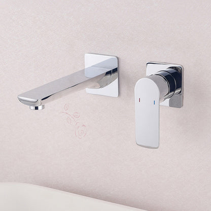 2 Holes Faucet Glam Style Wall Mounted Faucet with Single Lever Handle Silver Clearhalo 'Bathroom Remodel & Bathroom Fixtures' 'Bathroom Sink Faucets' 'Bathroom Sinks & Faucet Components' 'bathroom_sink_faucets' 'Home Improvement' 'home_improvement' 'home_improvement_bathroom_sink_faucets' 6227230