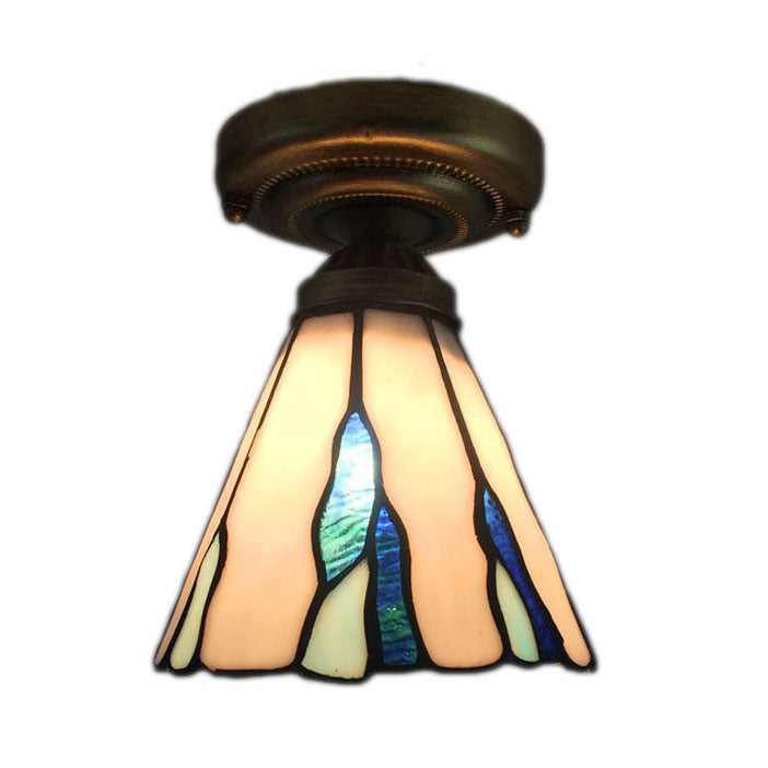 Stained Glass Conical Flush Light Tiffany 1 Light Flush Ceiling Light in White/Beige/Blue-White for Bedroom Lighting Clearhalo 'Ceiling Lights' 'Close To Ceiling Lights' 'Close to ceiling' 'Glass shade' 'Glass' 'Semi-flushmount' Lighting' 62353