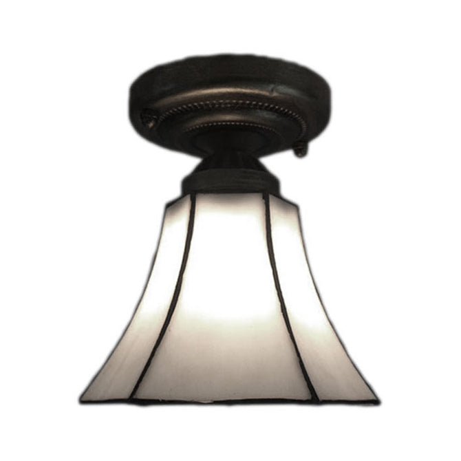 Stained Glass Conical Flush Light Tiffany 1 Light Flush Ceiling Light in White/Beige/Blue-White for Bedroom Lighting Clearhalo 'Ceiling Lights' 'Close To Ceiling Lights' 'Close to ceiling' 'Glass shade' 'Glass' 'Semi-flushmount' Lighting' 62360