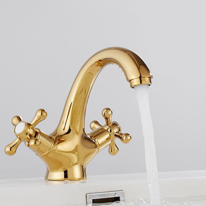 Centerset Lavatory Faucet One Hole Bathroom Faucet with 2 Cross Handles Gold Clearhalo 'Bathroom Remodel & Bathroom Fixtures' 'Bathroom Sink Faucets' 'Bathroom Sinks & Faucet Components' 'bathroom_sink_faucets' 'Home Improvement' 'home_improvement' 'home_improvement_bathroom_sink_faucets' 6238918