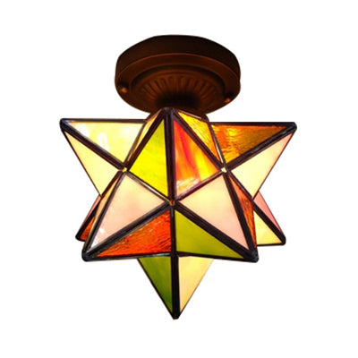 1 Head Star/Polygon Shaped Flush Ceiling Light Tiffany Colorful Glass Flush Mount Light for Corridor Bronze Polygon Clearhalo 'Ceiling Lights' 'Close To Ceiling Lights' 'Close to ceiling' 'Glass shade' 'Glass' 'Semi-flushmount' 'Tiffany close to ceiling' 'Tiffany' Lighting' 62389