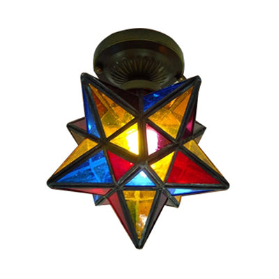 1 Head Star/Polygon Shaped Flush Ceiling Light Tiffany Colorful Glass Flush Mount Light for Corridor Bronze Star Clearhalo 'Ceiling Lights' 'Close To Ceiling Lights' 'Close to ceiling' 'Glass shade' 'Glass' 'Semi-flushmount' 'Tiffany close to ceiling' 'Tiffany' Lighting' 62390
