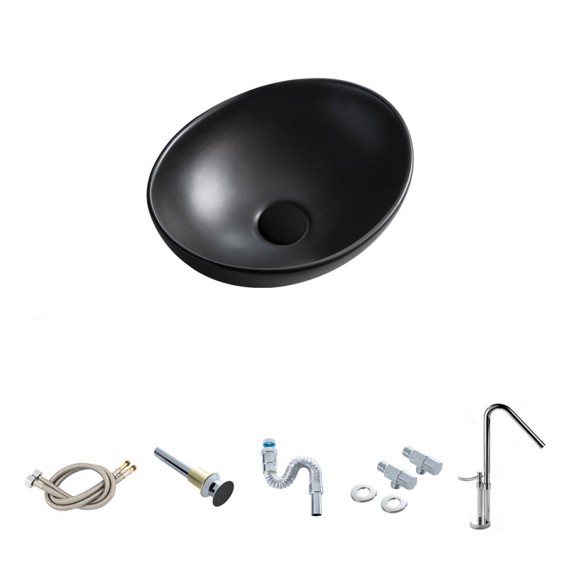 Contemporary Bathroom Sink Pop-Up Drain Porcelain Oval-Shape Vessel Lavatory Sink 16.1"L x 13"W x 5.7"H Black Sink with Faucet Clearhalo 'Bathroom Remodel & Bathroom Fixtures' 'Bathroom Sinks & Faucet Components' 'Bathroom Sinks' 'bathroom_sink' 'Home Improvement' 'home_improvement' 'home_improvement_bathroom_sink' 6239273