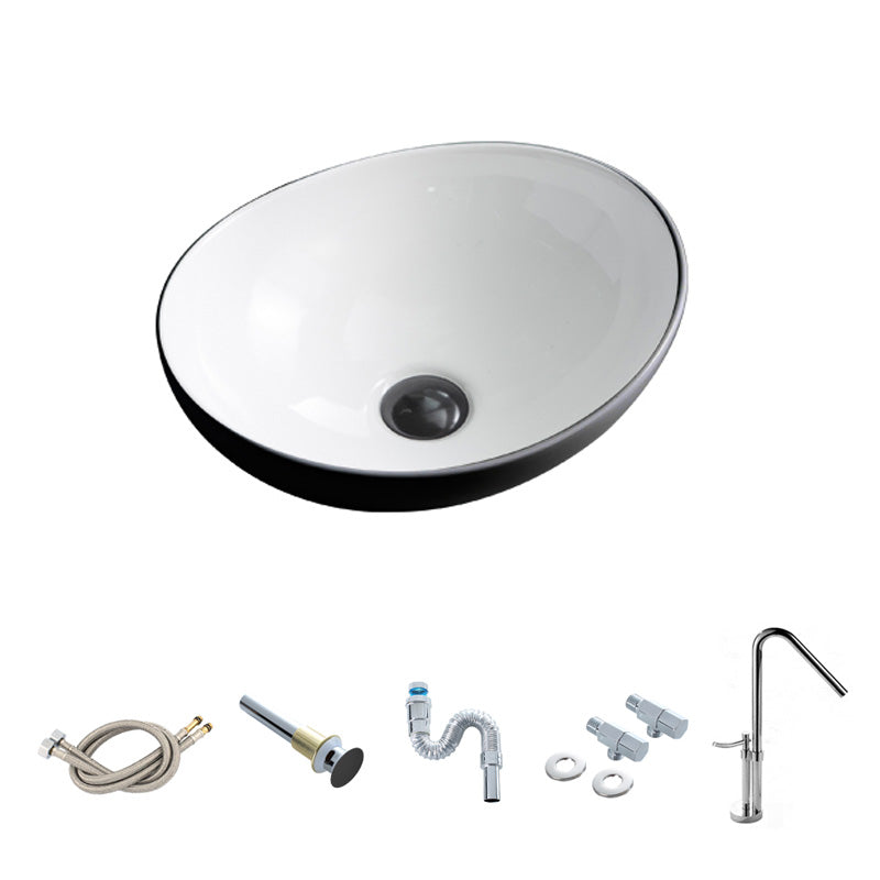 Contemporary Bathroom Sink Pop-Up Drain Porcelain Oval-Shape Vessel Lavatory Sink 16.1"L x 13"W x 5.7"H Black/ White Sink with Faucet Clearhalo 'Bathroom Remodel & Bathroom Fixtures' 'Bathroom Sinks & Faucet Components' 'Bathroom Sinks' 'bathroom_sink' 'Home Improvement' 'home_improvement' 'home_improvement_bathroom_sink' 6239281