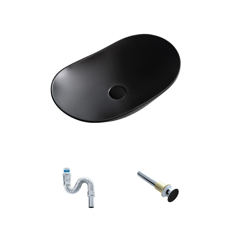 Contemporary Bathroom Sink Pop-Up Drain Porcelain Oval-Shape Vessel Lavatory Sink 24"L x 14.6"W x 6.3"H Black Sink Clearhalo 'Bathroom Remodel & Bathroom Fixtures' 'Bathroom Sinks & Faucet Components' 'Bathroom Sinks' 'bathroom_sink' 'Home Improvement' 'home_improvement' 'home_improvement_bathroom_sink' 6239283