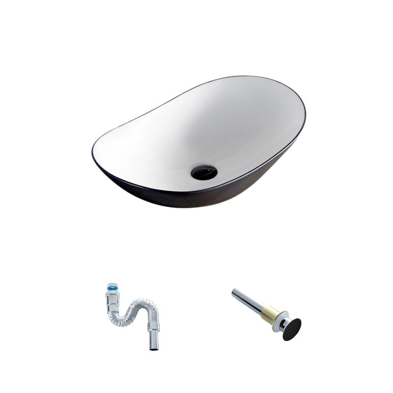 Contemporary Bathroom Sink Pop-Up Drain Porcelain Oval-Shape Vessel Lavatory Sink 24"L x 14.6"W x 6.3"H Black White Sink Clearhalo 'Bathroom Remodel & Bathroom Fixtures' 'Bathroom Sinks & Faucet Components' 'Bathroom Sinks' 'bathroom_sink' 'Home Improvement' 'home_improvement' 'home_improvement_bathroom_sink' 6239287