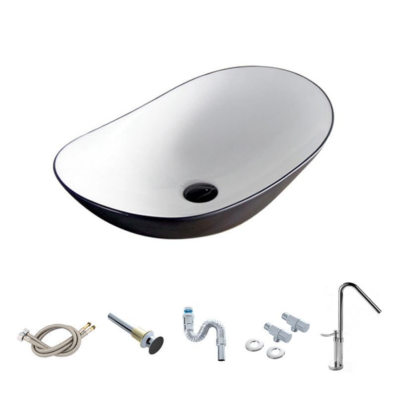 Contemporary Bathroom Sink Pop-Up Drain Porcelain Oval-Shape Vessel Lavatory Sink 24"L x 14.6"W x 6.3"H Black White Sink with Faucet Clearhalo 'Bathroom Remodel & Bathroom Fixtures' 'Bathroom Sinks & Faucet Components' 'Bathroom Sinks' 'bathroom_sink' 'Home Improvement' 'home_improvement' 'home_improvement_bathroom_sink' 6239288