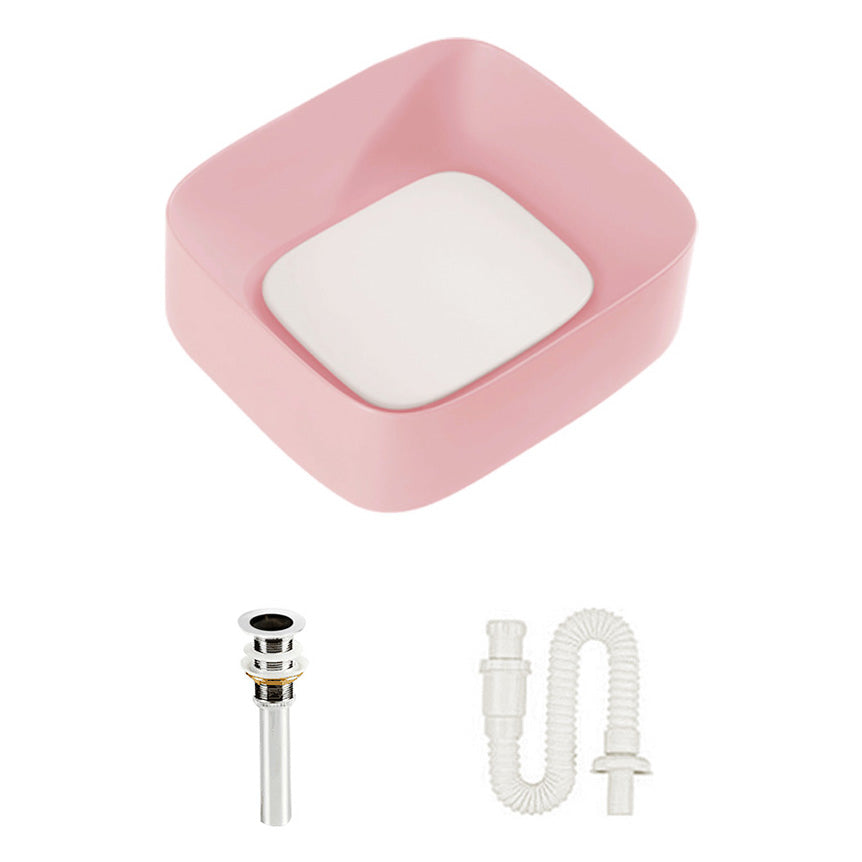 Modern Bathroom Sink Pop-Up Drain Porcelain Solid Color Sink (Faucet Not Included) 16.9"L x 15"W x 5.9"H Pink Single Basin without Water Storage Clearhalo 'Bathroom Remodel & Bathroom Fixtures' 'Bathroom Sinks & Faucet Components' 'Bathroom Sinks' 'bathroom_sink' 'Home Improvement' 'home_improvement' 'home_improvement_bathroom_sink' 6239295