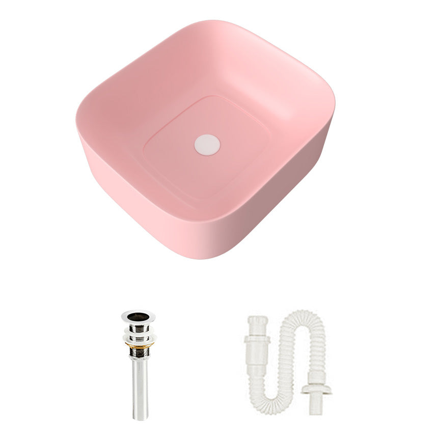 Modern Bathroom Sink Pop-Up Drain Porcelain Solid Color Sink (Faucet Not Included) 16.9"L x 15"W x 5.9"H Pink Single Basin With Water Storage Clearhalo 'Bathroom Remodel & Bathroom Fixtures' 'Bathroom Sinks & Faucet Components' 'Bathroom Sinks' 'bathroom_sink' 'Home Improvement' 'home_improvement' 'home_improvement_bathroom_sink' 6239298