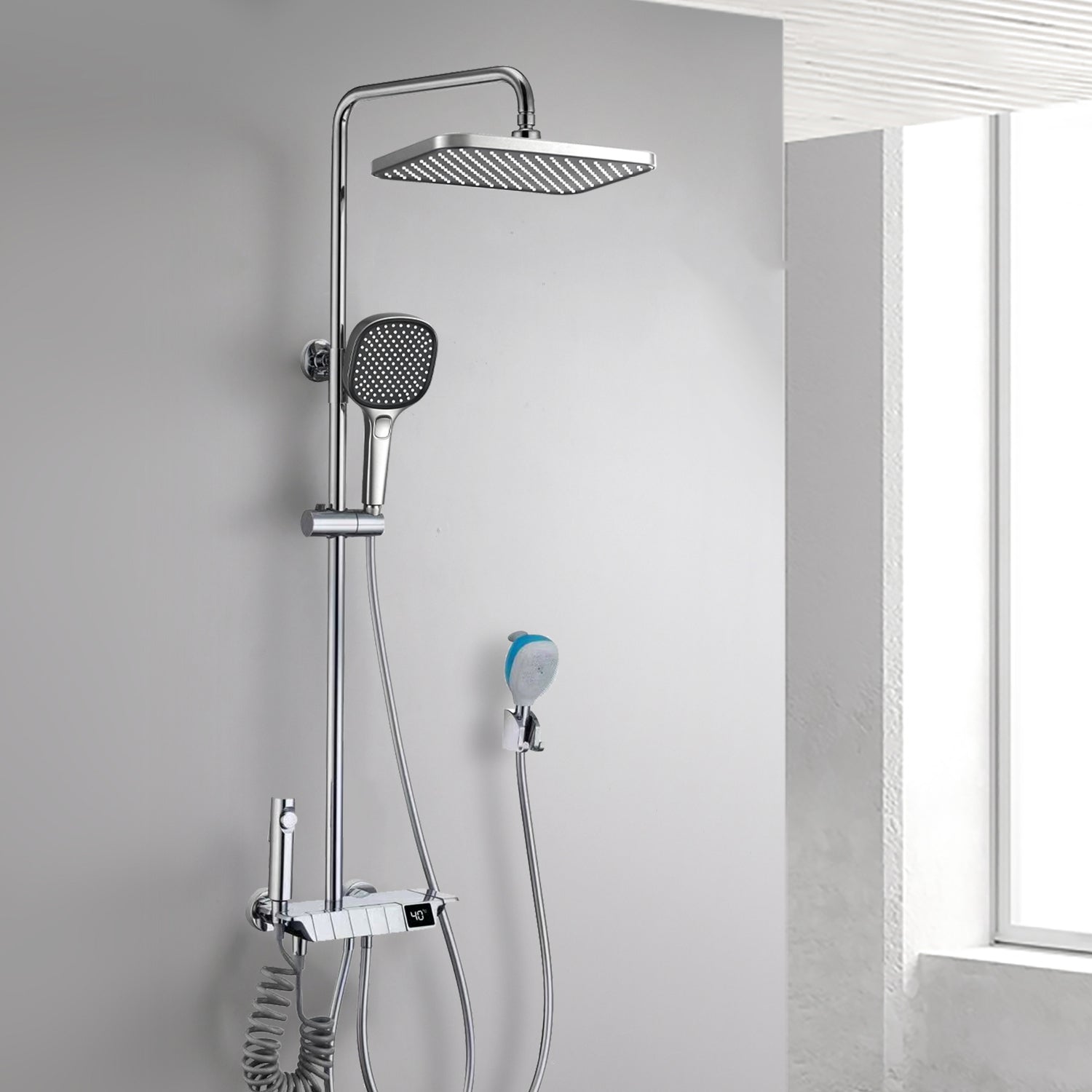 Contemporary Shower System Dual Shower Head Slide Bar Thermostatic Wall Mounted Shower Set Chrome Clearhalo 'Bathroom Remodel & Bathroom Fixtures' 'Home Improvement' 'home_improvement' 'home_improvement_shower_faucets' 'Shower Faucets & Systems' 'shower_faucets' 'Showers & Bathtubs Plumbing' 'Showers & Bathtubs' 6246043