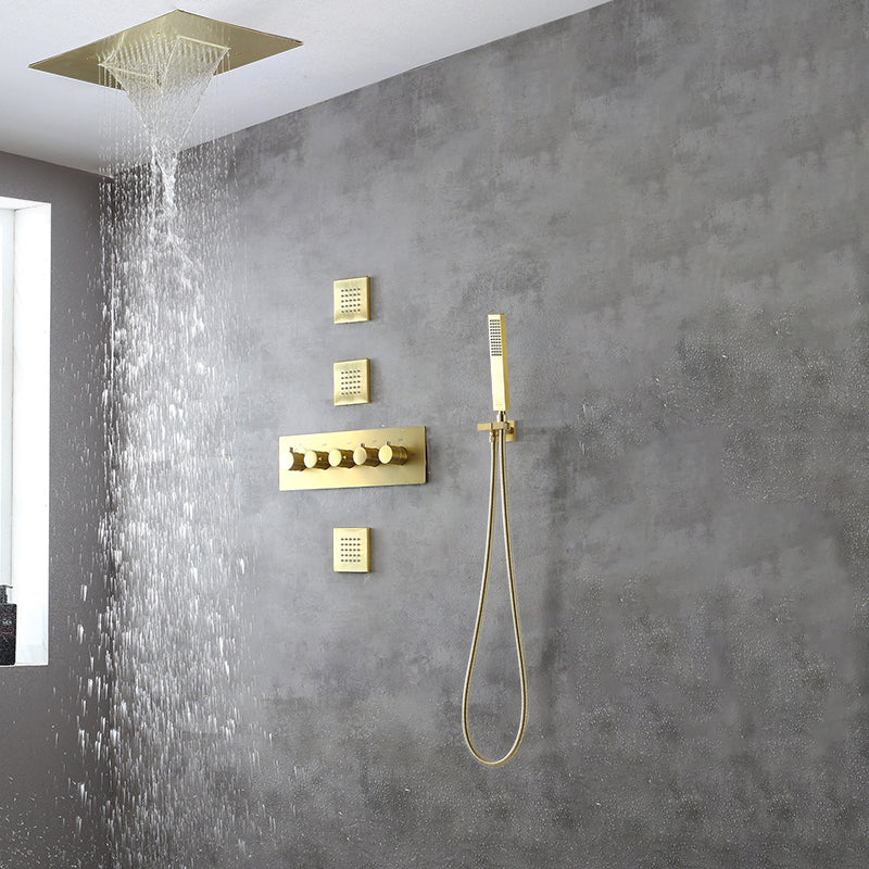 Ceiling Mounted Square Metal Shower Faucet Massage Shower System Gold Four Function Thermostatic Model 5 Clearhalo 'Bathroom Remodel & Bathroom Fixtures' 'Home Improvement' 'home_improvement' 'home_improvement_shower_faucets' 'Shower Faucets & Systems' 'shower_faucets' 'Showers & Bathtubs Plumbing' 'Showers & Bathtubs' 6246163