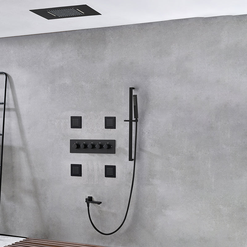 Ceiling Mounted Square Metal Shower Faucet Massage Shower System Black Five Function Thermostatic Model 6 Clearhalo 'Bathroom Remodel & Bathroom Fixtures' 'Home Improvement' 'home_improvement' 'home_improvement_shower_faucets' 'Shower Faucets & Systems' 'shower_faucets' 'Showers & Bathtubs Plumbing' 'Showers & Bathtubs' 6246173
