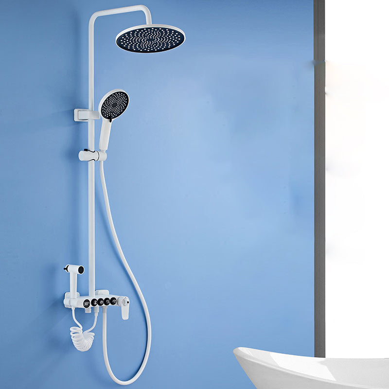 White Round Metal Shower Faucet Valve Included Shower Head Shower on Wall 4 Thermostatic Digital Display Included Clearhalo 'Bathroom Remodel & Bathroom Fixtures' 'Home Improvement' 'home_improvement' 'home_improvement_shower_faucets' 'Shower Faucets & Systems' 'shower_faucets' 'Showers & Bathtubs Plumbing' 'Showers & Bathtubs' 6246262