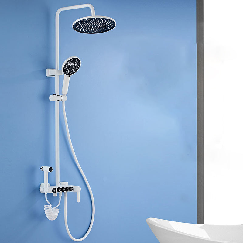 White Round Metal Shower Faucet Valve Included Shower Head Shower on Wall 4 Temperature Control Digital Display Included Clearhalo 'Bathroom Remodel & Bathroom Fixtures' 'Home Improvement' 'home_improvement' 'home_improvement_shower_faucets' 'Shower Faucets & Systems' 'shower_faucets' 'Showers & Bathtubs Plumbing' 'Showers & Bathtubs' 6246266