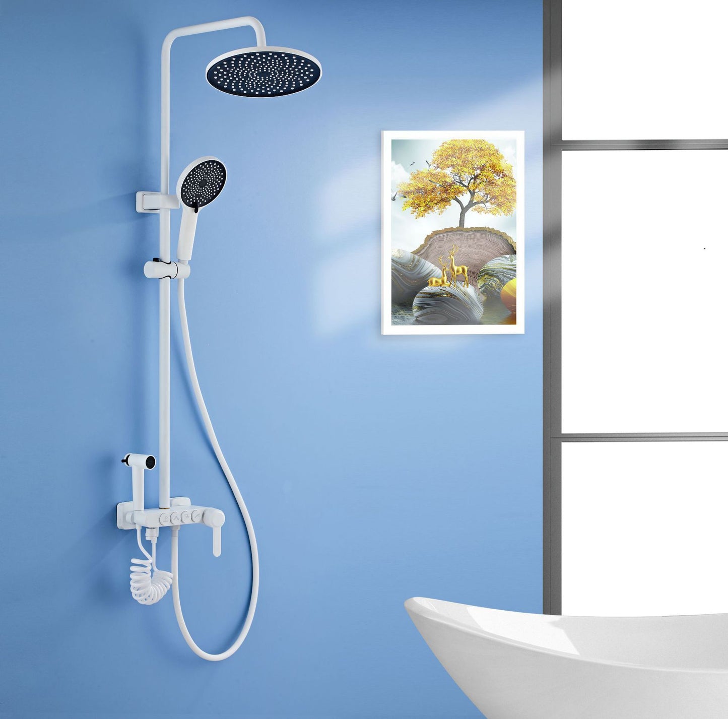 White Round Metal Shower Faucet Valve Included Shower Head Shower on Wall 4 Temperature Control Digital Display Not Included Clearhalo 'Bathroom Remodel & Bathroom Fixtures' 'Home Improvement' 'home_improvement' 'home_improvement_shower_faucets' 'Shower Faucets & Systems' 'shower_faucets' 'Showers & Bathtubs Plumbing' 'Showers & Bathtubs' 6246275