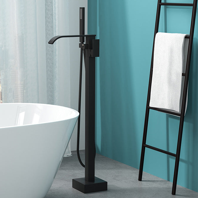 Modern Freestanding Bathtub Faucet Copper Floor Mount Freestanding Bathtub Faucet Black Curved Hand Shower Included Clearhalo 'Bathroom Remodel & Bathroom Fixtures' 'Bathtub Faucets' 'bathtub_faucets' 'Home Improvement' 'home_improvement' 'home_improvement_bathtub_faucets' 6248467