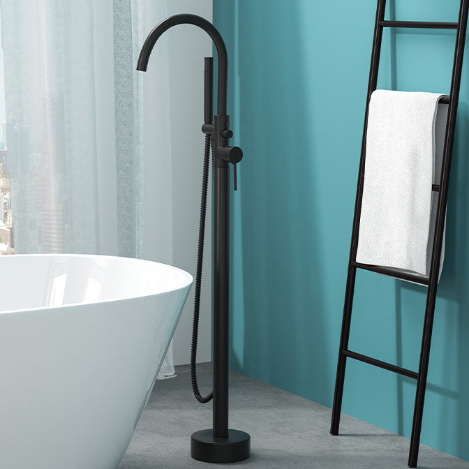 Modern Freestanding Bathtub Faucet Copper Floor Mount Freestanding Bathtub Faucet Black Round Hand Shower Included Clearhalo 'Bathroom Remodel & Bathroom Fixtures' 'Bathtub Faucets' 'bathtub_faucets' 'Home Improvement' 'home_improvement' 'home_improvement_bathtub_faucets' 6248468