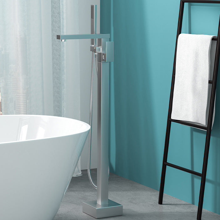 Modern Freestanding Bathtub Faucet Copper Floor Mount Freestanding Bathtub Faucet Silver Square Rectangle Hand Shower Included Clearhalo 'Bathroom Remodel & Bathroom Fixtures' 'Bathtub Faucets' 'bathtub_faucets' 'Home Improvement' 'home_improvement' 'home_improvement_bathtub_faucets' 6248469