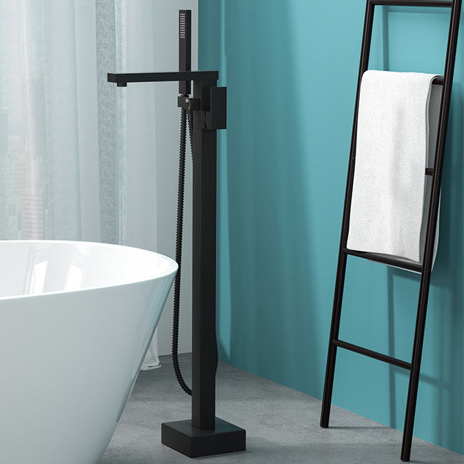 Modern Freestanding Bathtub Faucet Copper Floor Mount Freestanding Bathtub Faucet Black Square Rectangle Hand Shower Included Clearhalo 'Bathroom Remodel & Bathroom Fixtures' 'Bathtub Faucets' 'bathtub_faucets' 'Home Improvement' 'home_improvement' 'home_improvement_bathtub_faucets' 6248471