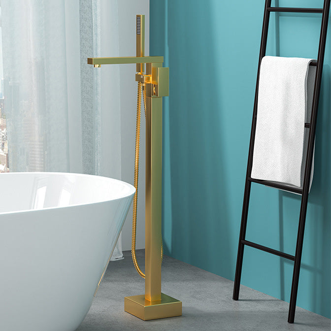 Modern Freestanding Bathtub Faucet Copper Floor Mount Freestanding Bathtub Faucet Gold Square Rectangle Hand Shower Included Clearhalo 'Bathroom Remodel & Bathroom Fixtures' 'Bathtub Faucets' 'bathtub_faucets' 'Home Improvement' 'home_improvement' 'home_improvement_bathtub_faucets' 6248475