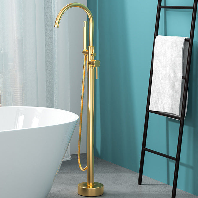 Modern Freestanding Bathtub Faucet Copper Floor Mount Freestanding Bathtub Faucet Gold Round Hand Shower Included Clearhalo 'Bathroom Remodel & Bathroom Fixtures' 'Bathtub Faucets' 'bathtub_faucets' 'Home Improvement' 'home_improvement' 'home_improvement_bathtub_faucets' 6248477