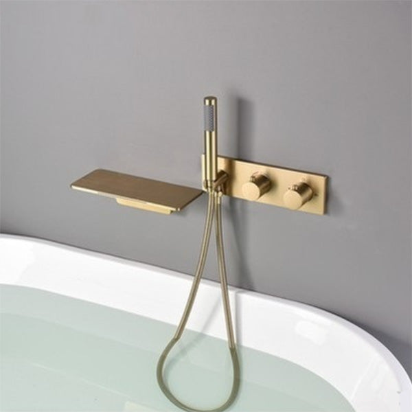 Modern Bathroom Faucet Copper Wall Mounted Fixed Bathroom Faucet Gold Hand Shower Included Clearhalo 'Bathroom Remodel & Bathroom Fixtures' 'Bathtub Faucets' 'bathtub_faucets' 'Home Improvement' 'home_improvement' 'home_improvement_bathtub_faucets' 6248491