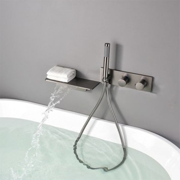 Modern Bathroom Faucet Copper Wall Mounted Fixed Bathroom Faucet Grey Hand Shower Included Clearhalo 'Bathroom Remodel & Bathroom Fixtures' 'Bathtub Faucets' 'bathtub_faucets' 'Home Improvement' 'home_improvement' 'home_improvement_bathtub_faucets' 6248493
