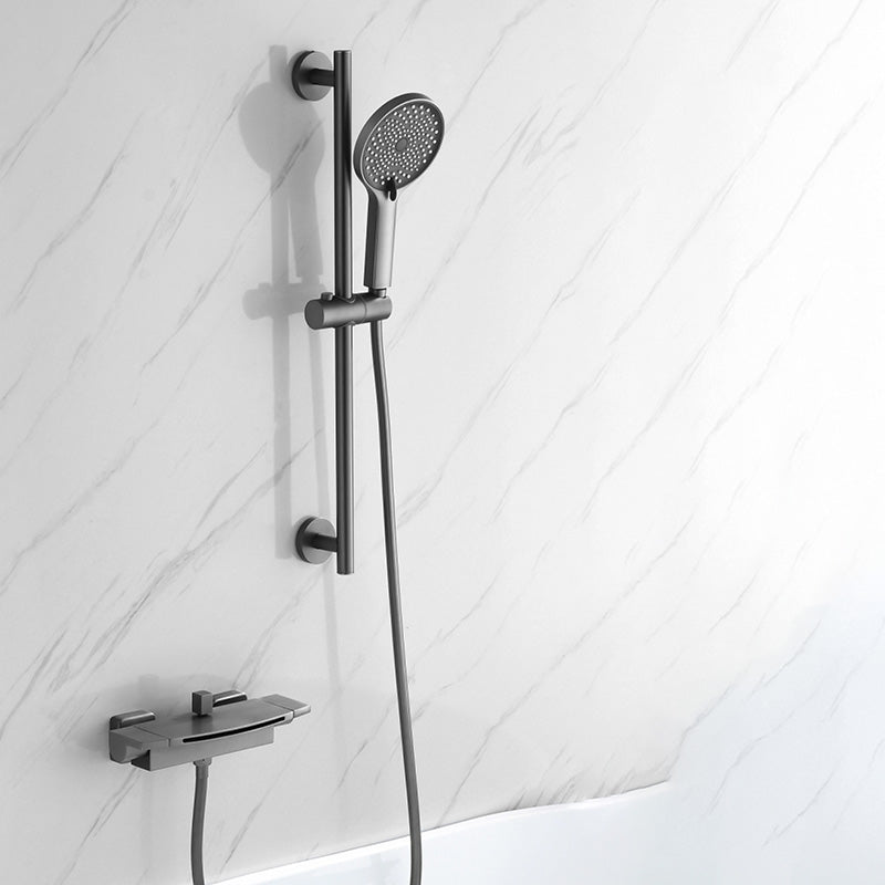 Modern Bathroom Faucet Two Handle Copper Wall Mounted Bathroom Faucet Grey Hand Shower Included Clearhalo 'Bathroom Remodel & Bathroom Fixtures' 'Bathtub Faucets' 'bathtub_faucets' 'Home Improvement' 'home_improvement' 'home_improvement_bathtub_faucets' 6248552