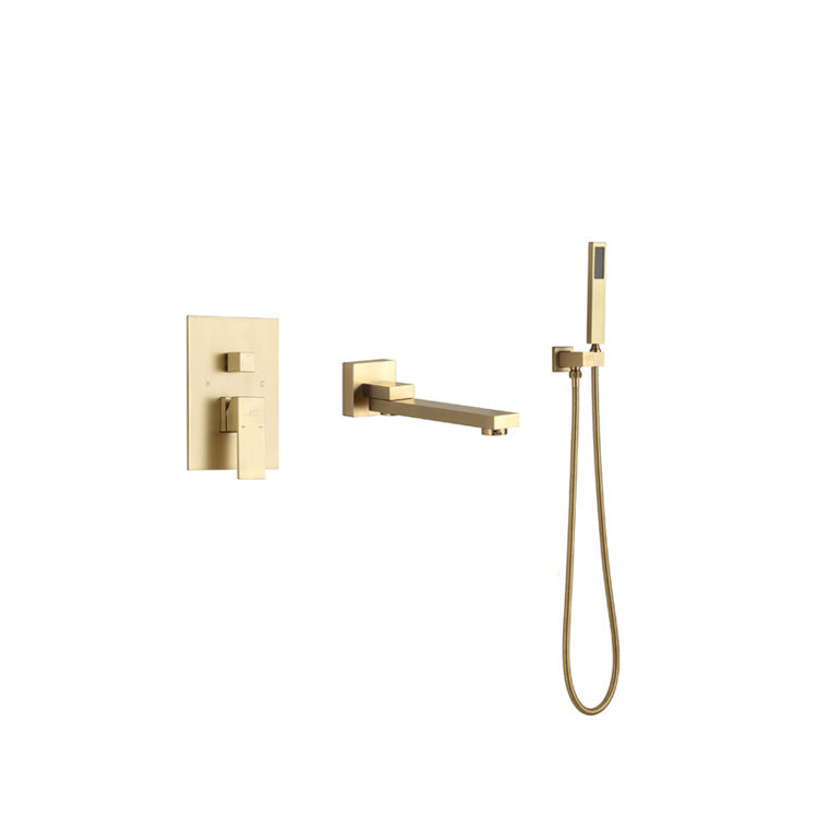 Modern Bathroom Faucet One Handle Copper Wall Mounted Bathtub Faucet Gold Rectangle Clearhalo 'Bathroom Remodel & Bathroom Fixtures' 'Bathtub Faucets' 'bathtub_faucets' 'Home Improvement' 'home_improvement' 'home_improvement_bathtub_faucets' 6248599