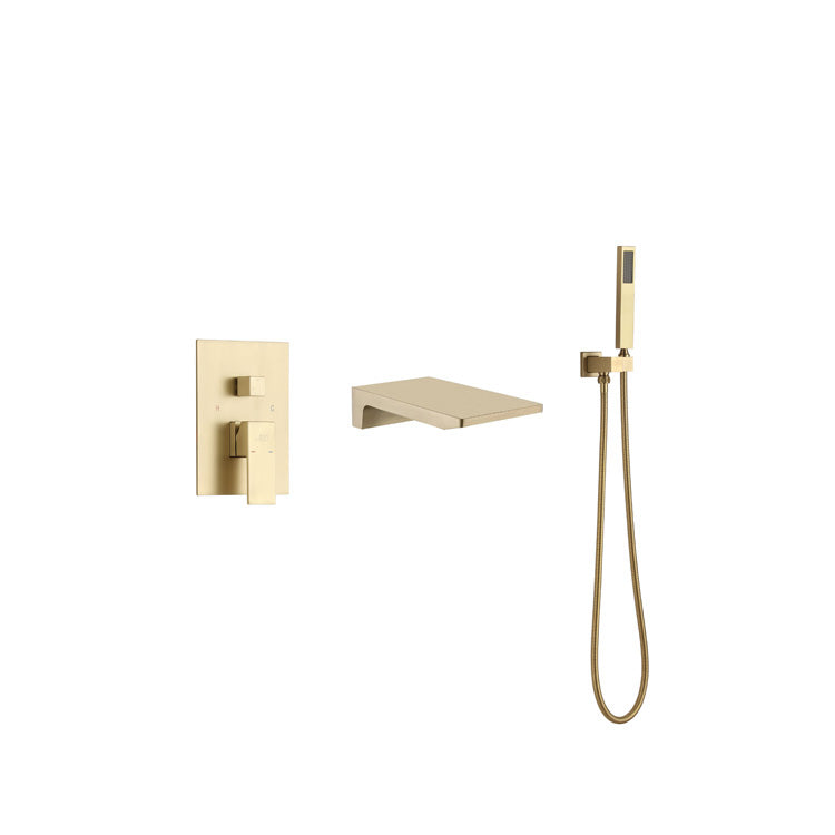 Modern Bathroom Faucet One Handle Copper Wall Mounted Bathtub Faucet Gold Square Rectangle Clearhalo 'Bathroom Remodel & Bathroom Fixtures' 'Bathtub Faucets' 'bathtub_faucets' 'Home Improvement' 'home_improvement' 'home_improvement_bathtub_faucets' 6248600