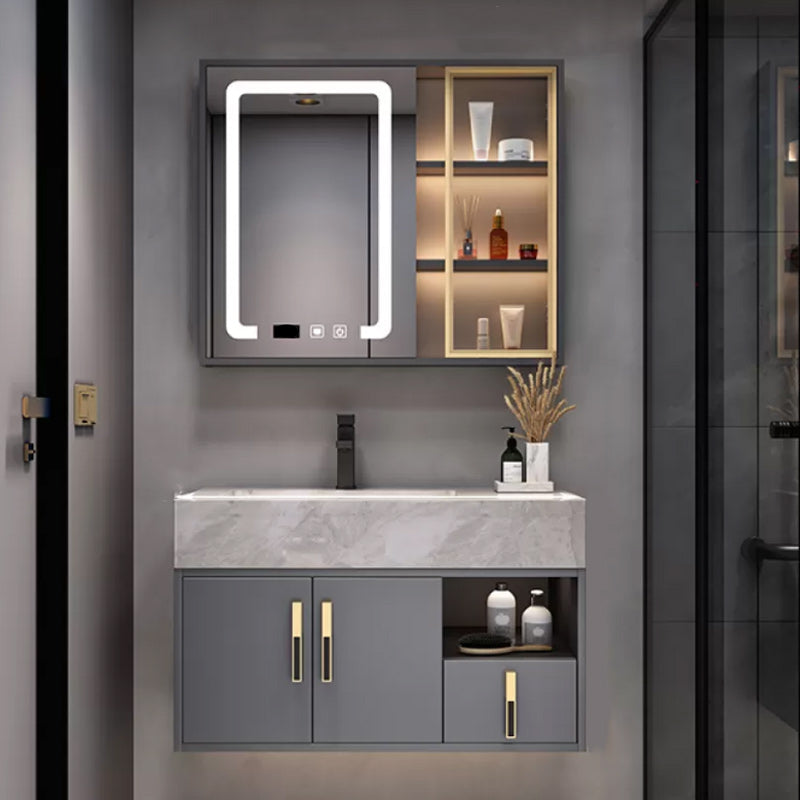 Glam Bathroom Sink Vanity Carrara Marble with Mirror and Standalone Cabinet Vanity Set Vanity & Faucet & Mirror Cabinet 31.5"L x 20"W x 22"H Clearhalo 'Bathroom Remodel & Bathroom Fixtures' 'Bathroom Vanities' 'bathroom_vanities' 'Home Improvement' 'home_improvement' 'home_improvement_bathroom_vanities' 6249194