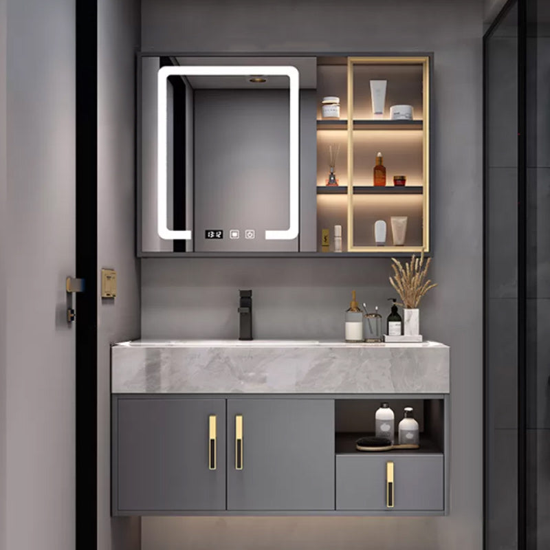 Glam Bathroom Sink Vanity Carrara Marble with Mirror and Standalone Cabinet Vanity Set Vanity & Faucet & Mirror Cabinet 43.3"L x 19.7"W x 21.7"H Clearhalo 'Bathroom Remodel & Bathroom Fixtures' 'Bathroom Vanities' 'bathroom_vanities' 'Home Improvement' 'home_improvement' 'home_improvement_bathroom_vanities' 6249205