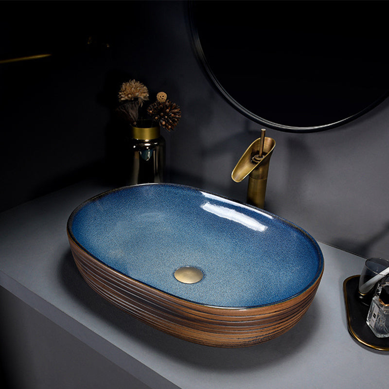 Modern Bathroom Sink Vitreous China Hand Painted Oval Vessel Lavatory Sink 23.2"L x 16.1"W x 5.5"H Blue-Yellow Clearhalo 'Bathroom Remodel & Bathroom Fixtures' 'Bathroom Sinks & Faucet Components' 'Bathroom Sinks' 'bathroom_sink' 'Home Improvement' 'home_improvement' 'home_improvement_bathroom_sink' 6256035