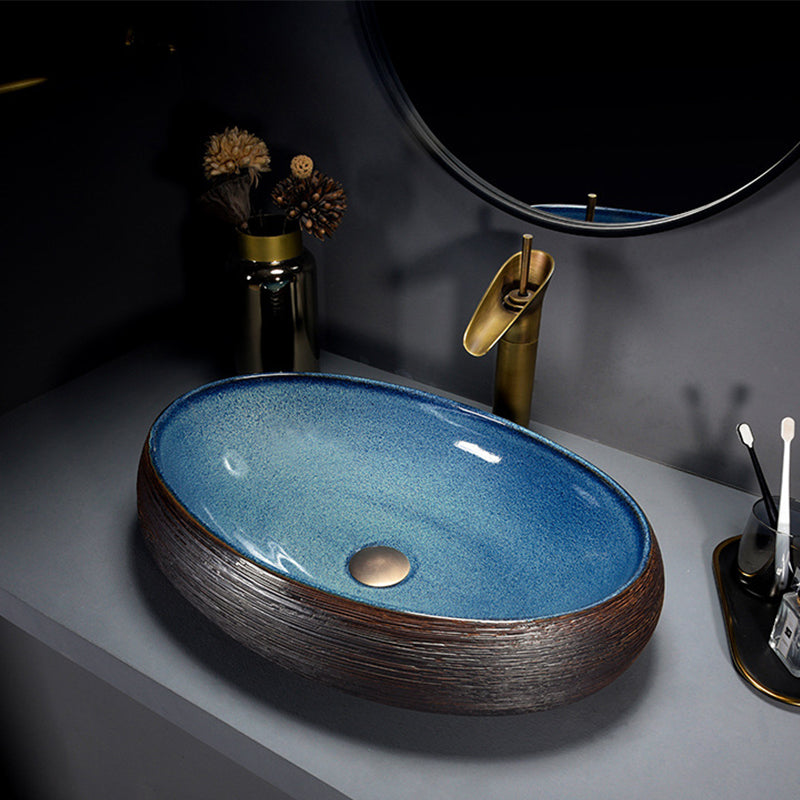 Modern Bathroom Sink Vitreous China Hand Painted Oval Vessel Lavatory Sink 23.2"L x 15.7"W x 5.5"H Blue-Yellow Clearhalo 'Bathroom Remodel & Bathroom Fixtures' 'Bathroom Sinks & Faucet Components' 'Bathroom Sinks' 'bathroom_sink' 'Home Improvement' 'home_improvement' 'home_improvement_bathroom_sink' 6256036