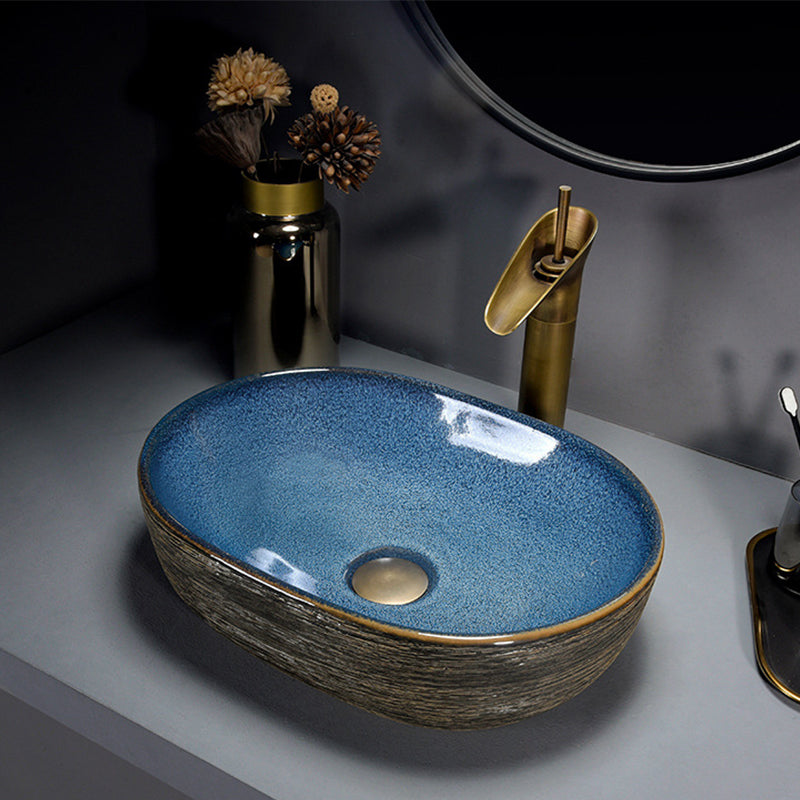 Modern Bathroom Sink Vitreous China Hand Painted Oval Vessel Lavatory Sink 18.5"L x 13"W x 5.1"H Blue-Yellow Clearhalo 'Bathroom Remodel & Bathroom Fixtures' 'Bathroom Sinks & Faucet Components' 'Bathroom Sinks' 'bathroom_sink' 'Home Improvement' 'home_improvement' 'home_improvement_bathroom_sink' 6256038