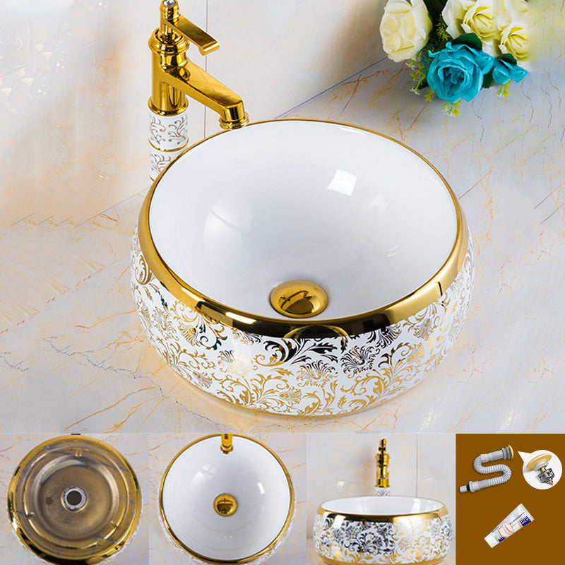Modern Bathroom Sink Porcelain Round Hand Painted with Overflow and Faucet Wash Stand 15.7"L x 15.7"W x 5.9"H Sink Clearhalo 'Bathroom Remodel & Bathroom Fixtures' 'Bathroom Sinks & Faucet Components' 'Bathroom Sinks' 'bathroom_sink' 'Home Improvement' 'home_improvement' 'home_improvement_bathroom_sink' 6256112