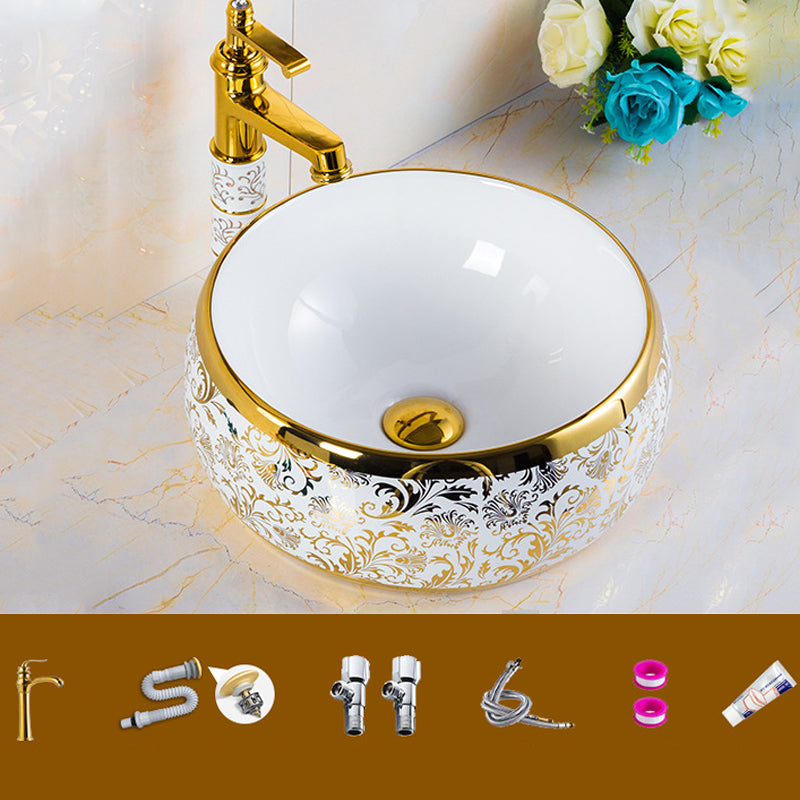 Modern Bathroom Sink Porcelain Round Hand Painted with Overflow and Faucet Wash Stand 15.7"L x 15.7"W x 5.9"H Sink with Faucet Clearhalo 'Bathroom Remodel & Bathroom Fixtures' 'Bathroom Sinks & Faucet Components' 'Bathroom Sinks' 'bathroom_sink' 'Home Improvement' 'home_improvement' 'home_improvement_bathroom_sink' 6256119