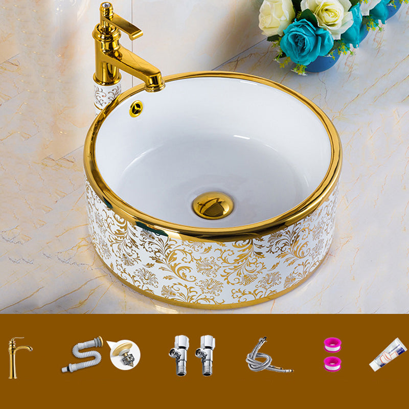 Modern Bathroom Sink Porcelain Round Hand Painted with Overflow and Faucet Wash Stand 16.3"L x 16.3"W x 5.9"H Sink with Faucet Clearhalo 'Bathroom Remodel & Bathroom Fixtures' 'Bathroom Sinks & Faucet Components' 'Bathroom Sinks' 'bathroom_sink' 'Home Improvement' 'home_improvement' 'home_improvement_bathroom_sink' 6256121