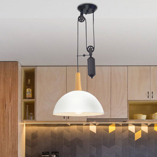 Domed Kitchen Pendant Light Fixture with Pulley Industrial Style Metal 1 Light Black/White Hanging Lamp White Clearhalo 'Ceiling Lights' 'Industrial Pendants' 'Industrial' 'Middle Century Pendants' 'Pendant Lights' 'Pendants' 'Tiffany' Lighting' 62598