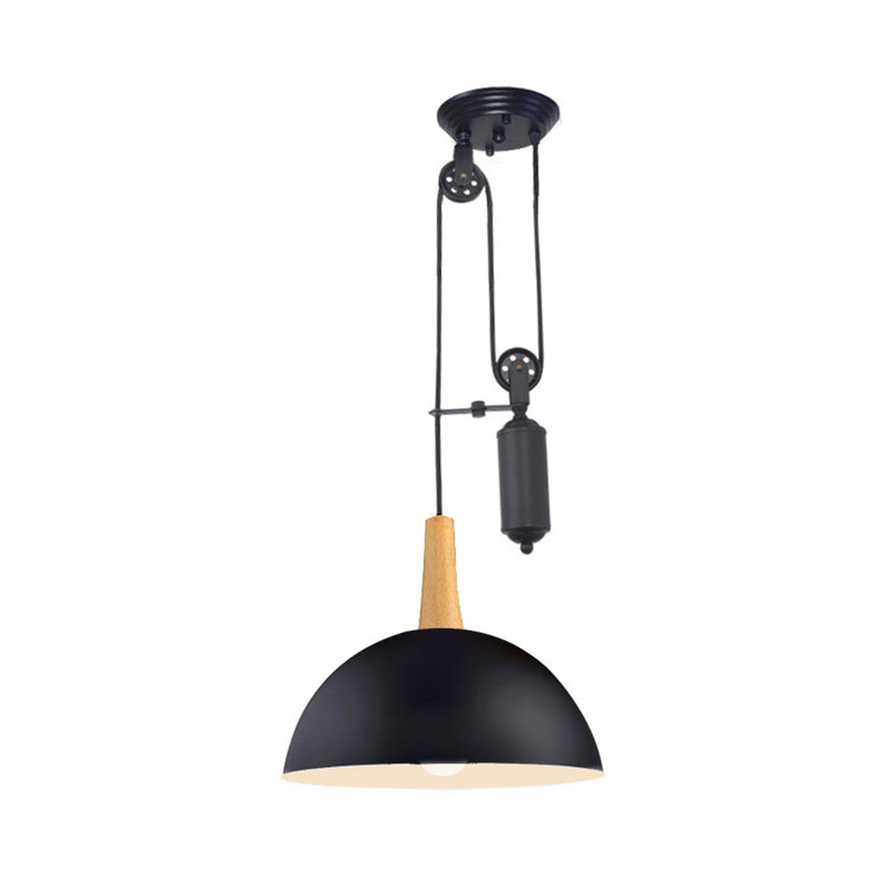 Domed Kitchen Pendant Light Fixture with Pulley Industrial Style Metal 1 Light Black/White Hanging Lamp Clearhalo 'Ceiling Lights' 'Industrial Pendants' 'Industrial' 'Middle Century Pendants' 'Pendant Lights' 'Pendants' 'Tiffany' Lighting' 62603