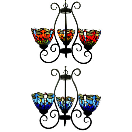 3 Lights Dragonfly Chandelier Light Stained Glass Loft Pendant Light in Red/Blue for Living Room Clearhalo 'Ceiling Lights' 'Chandeliers' 'Industrial' 'Middle Century Chandeliers' 'Tiffany Chandeliers' 'Tiffany close to ceiling' 'Tiffany' Lighting' 62712