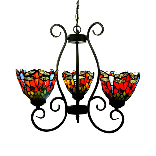 3 Lights Dragonfly Chandelier Light Stained Glass Loft Pendant Light in Red/Blue for Living Room Red Clearhalo 'Ceiling Lights' 'Chandeliers' 'Industrial' 'Middle Century Chandeliers' 'Tiffany Chandeliers' 'Tiffany close to ceiling' 'Tiffany' Lighting' 62713
