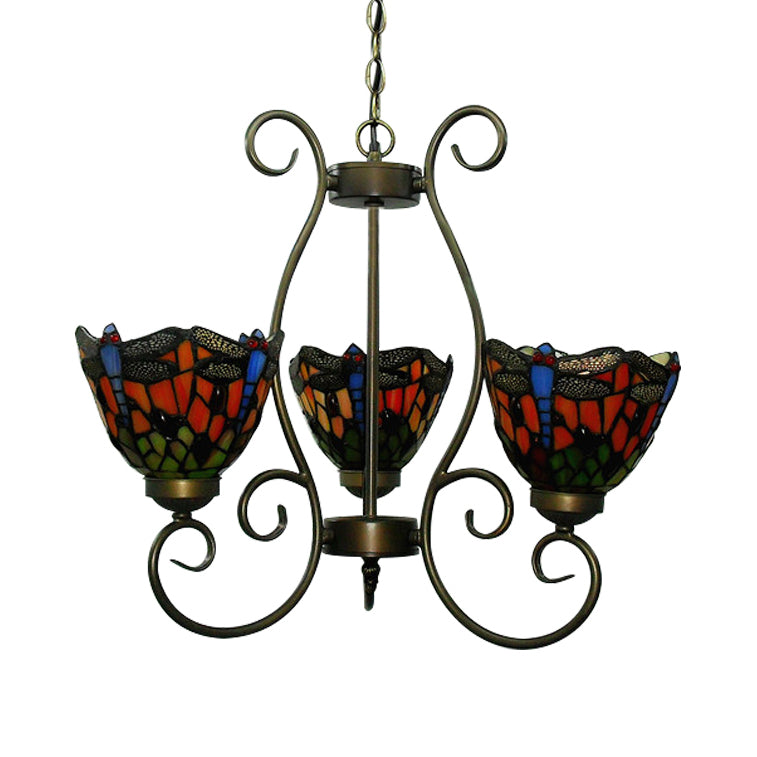 3 Lights Dragonfly Chandelier Light Stained Glass Loft Pendant Light in Red/Blue for Living Room Clearhalo 'Ceiling Lights' 'Chandeliers' 'Industrial' 'Middle Century Chandeliers' 'Tiffany Chandeliers' 'Tiffany close to ceiling' 'Tiffany' Lighting' 62714