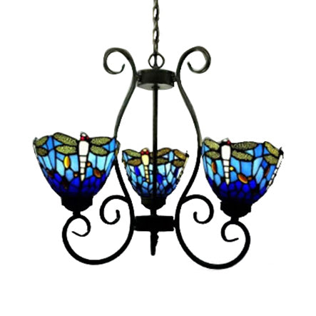 3 Lights Dragonfly Chandelier Light Stained Glass Loft Pendant Light in Red/Blue for Living Room Blue Clearhalo 'Ceiling Lights' 'Chandeliers' 'Industrial' 'Middle Century Chandeliers' 'Tiffany Chandeliers' 'Tiffany close to ceiling' 'Tiffany' Lighting' 62715