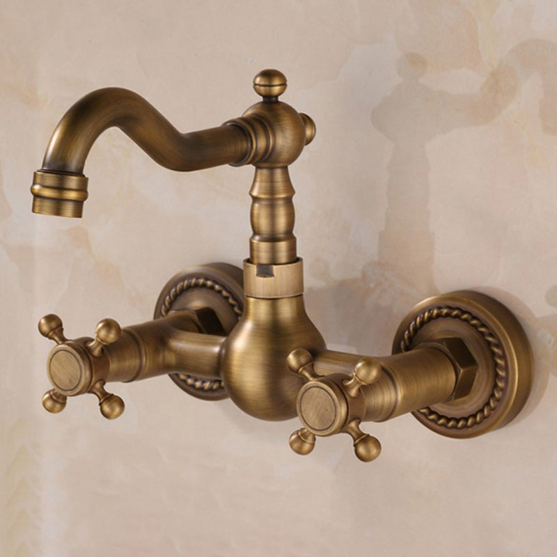 Wall Mounted Faucet Glam Style Bathroom Faucet with 2 Handles Gold 7.1" Clearhalo 'Bathroom Remodel & Bathroom Fixtures' 'Bathroom Sink Faucets' 'Bathroom Sinks & Faucet Components' 'bathroom_sink_faucets' 'Home Improvement' 'home_improvement' 'home_improvement_bathroom_sink_faucets' 6272491